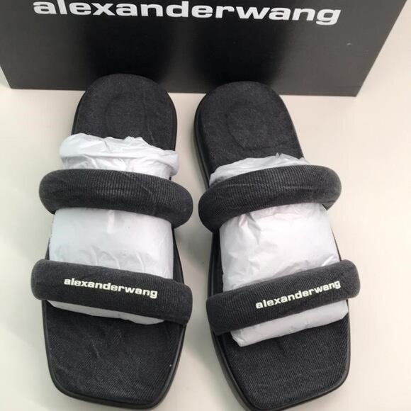 New Authentic Alexander Wang Women’s Jay Flatform Slides – Grey Denim - Picture 1 of 11